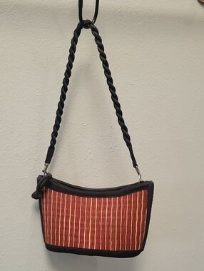 Baskets Of Cambodia Wicker Striped Red and Brown Shoulder Bag with Braided Strap